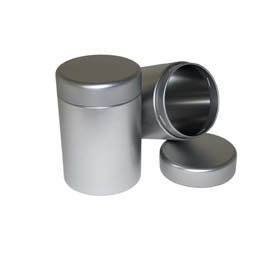 Vorratsbehälter: Dose für Tee - runde Dose aus Weißblech mit Nockenverschluss.